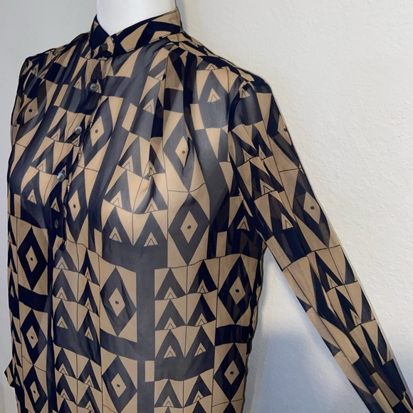 Zoa New York Anthropologie Blue Tan Sheer Geometric Print Long-Sleeve Small - Picture 2 of 6